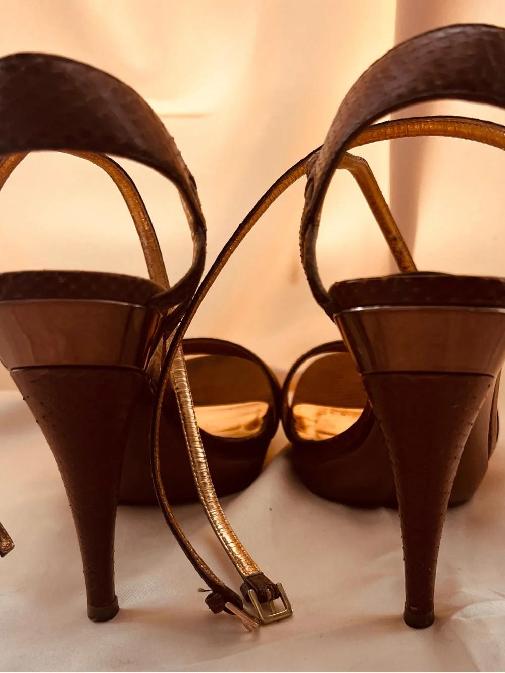 Sergio Rossi Brown Snake-Embossed Strappy Heels with Gold Insole